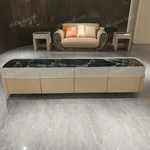 Curved Green Marble TV Stand with Cream Fluted Panels and Gold Metal Legs